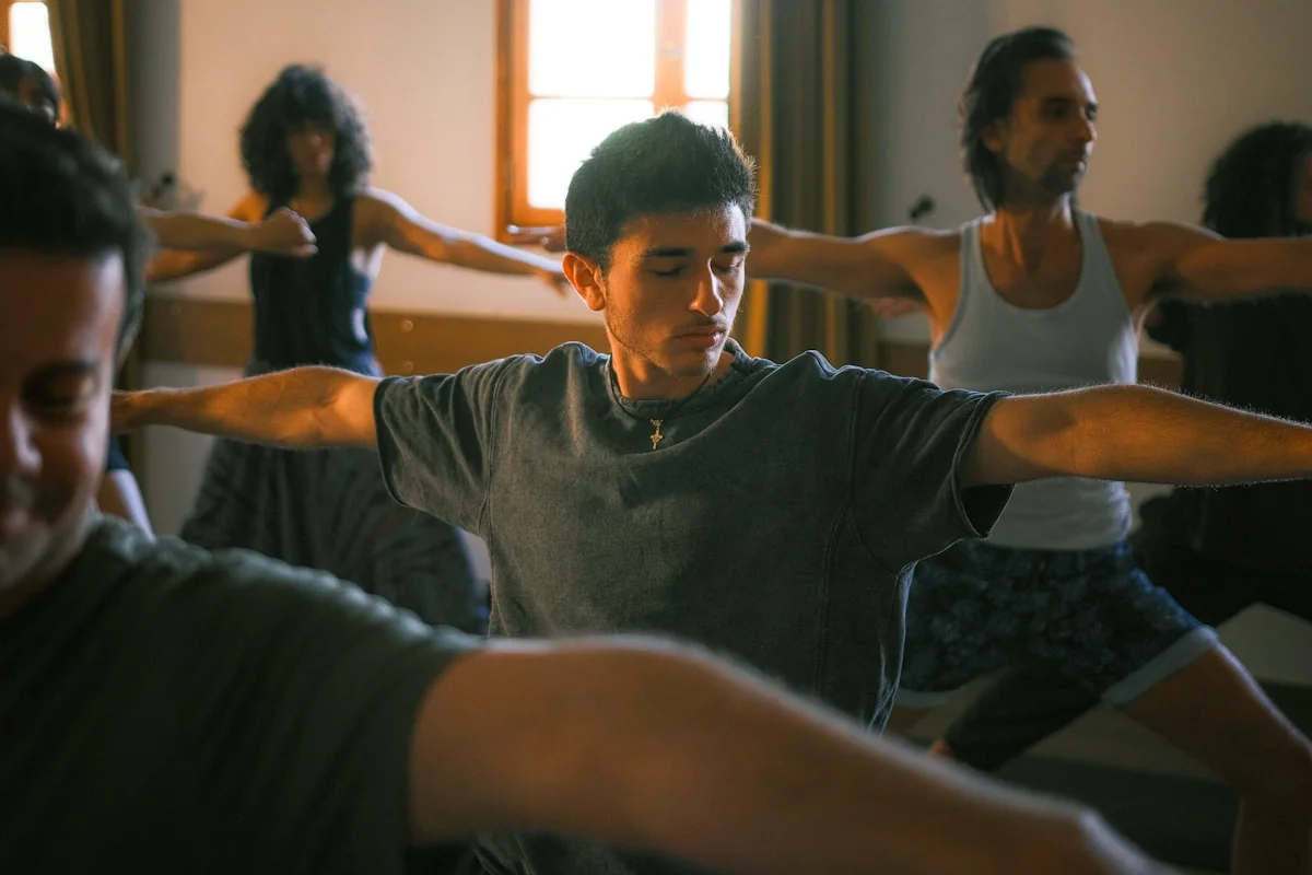 Praticantes de yoga num estúdio luminoso em Lisboa