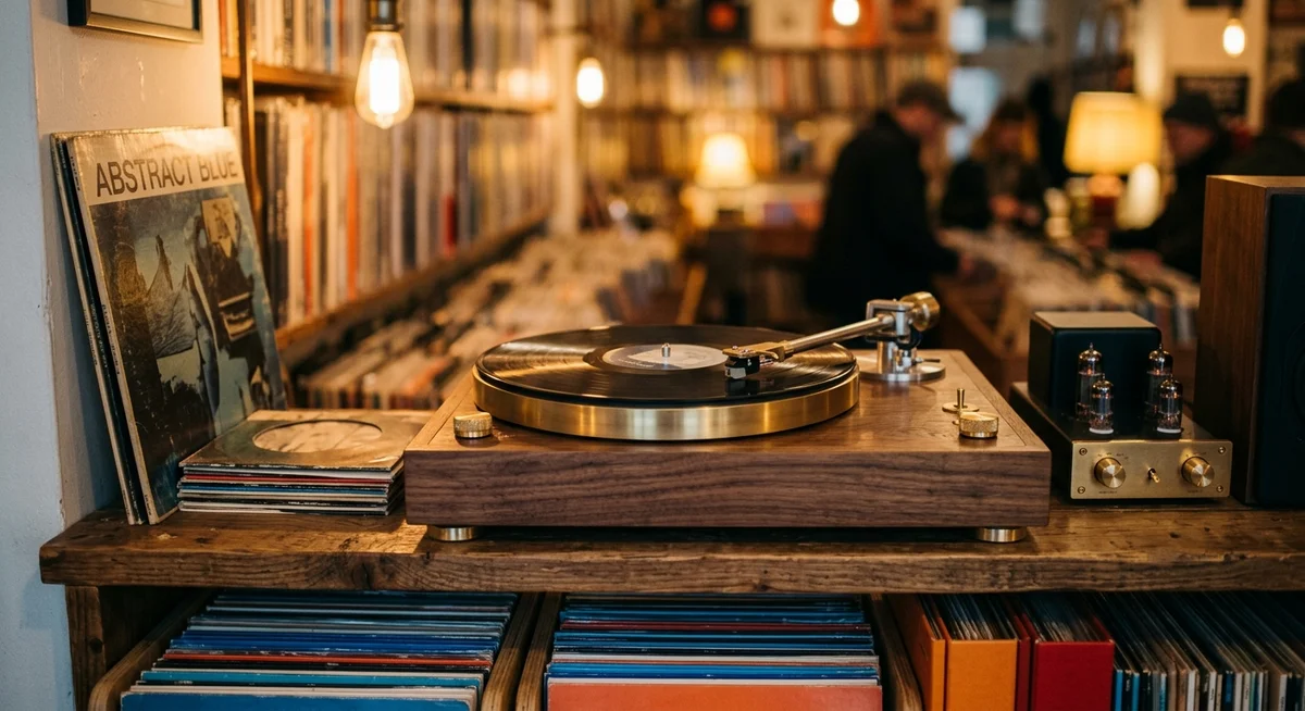 Vintage-style walnut turntable beside a glowing tube amplifier on a shelf in the record shop