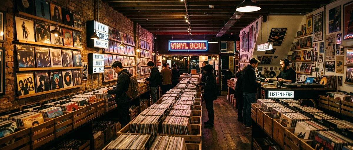 Warm, dimly lit interior of an independent vinyl record shop, crates of records lining the aisles under amber pendant lighting