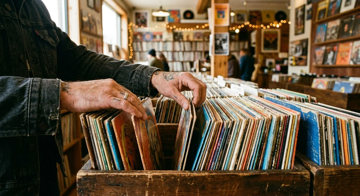 Tattooed hands flipping through a wooden crate of vinyl records in a warmly lit record shop