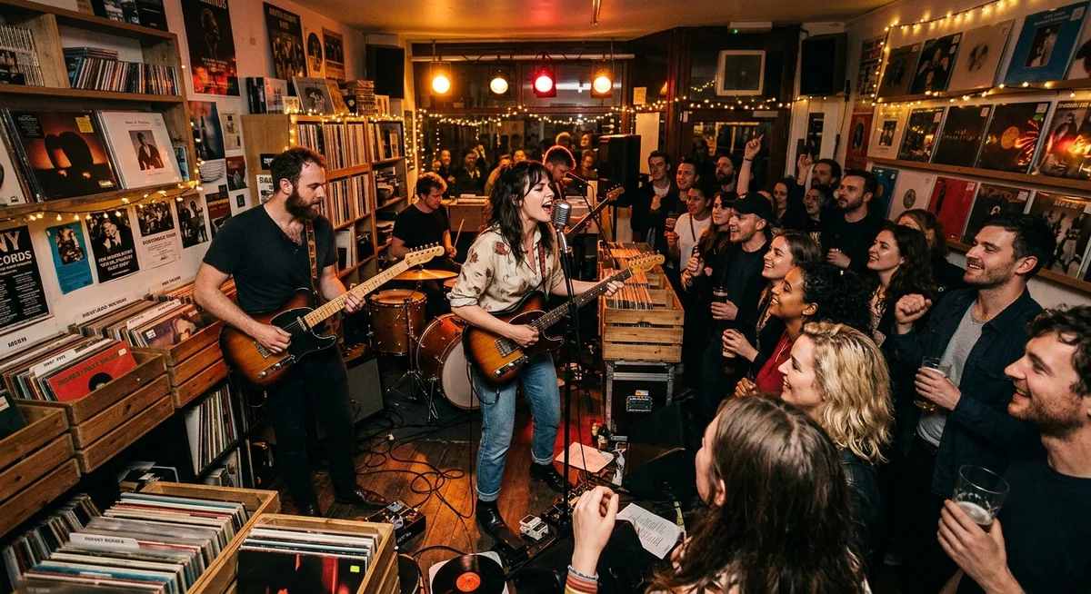 A three-piece band playing a packed, intimate live gig surrounded by record shelves and fairy lights