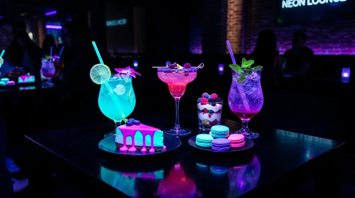 Glowing neon cocktails and luminous desserts on a black bar top in Aurora's UV lounge