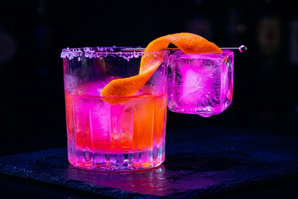 Magenta glowing Neon Negroni mocktail with purple sugar rim and citrus peel