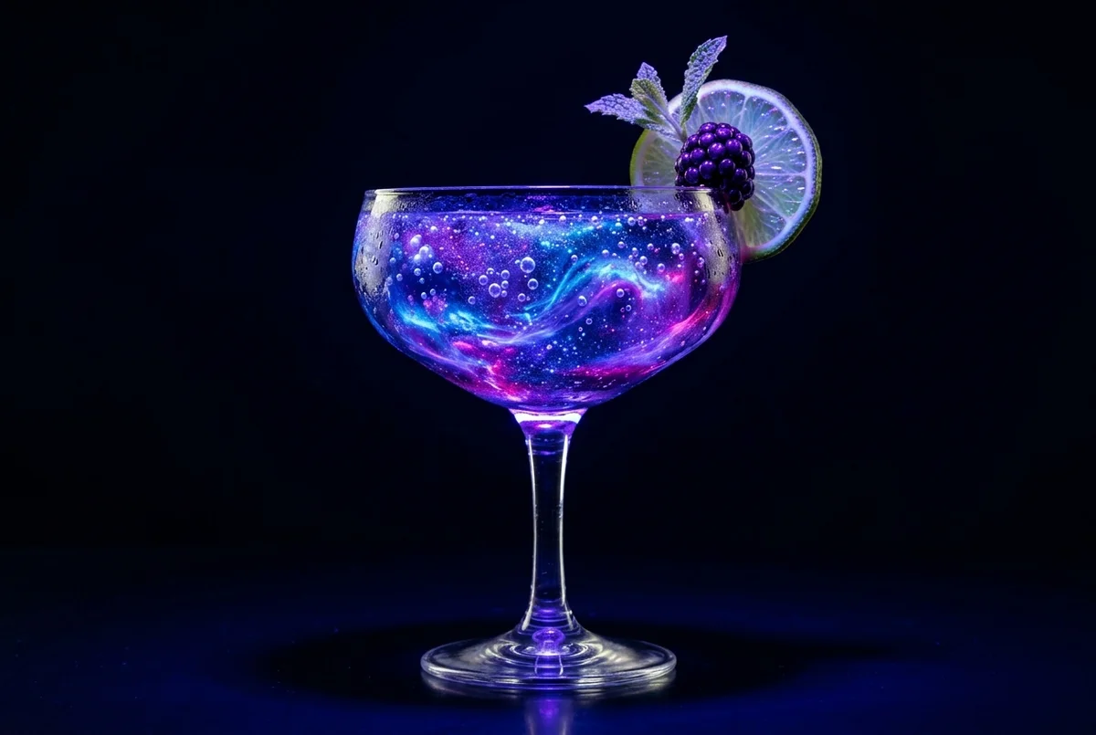 Galaxy Fizz coupe cocktail swirling blue purple and magenta with berry garnish