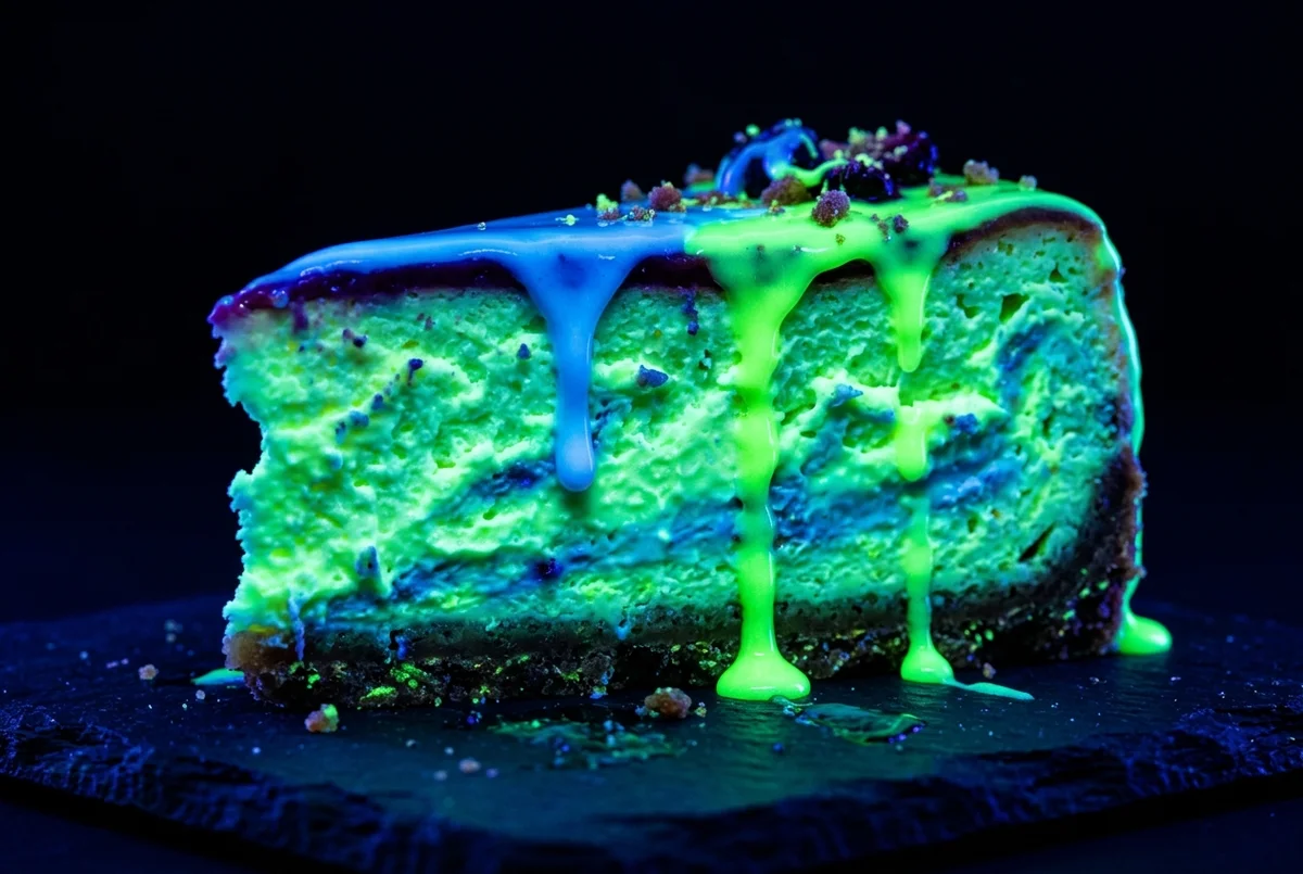Neon green Glow Cheesecake slice with electric blue and green drips on slate