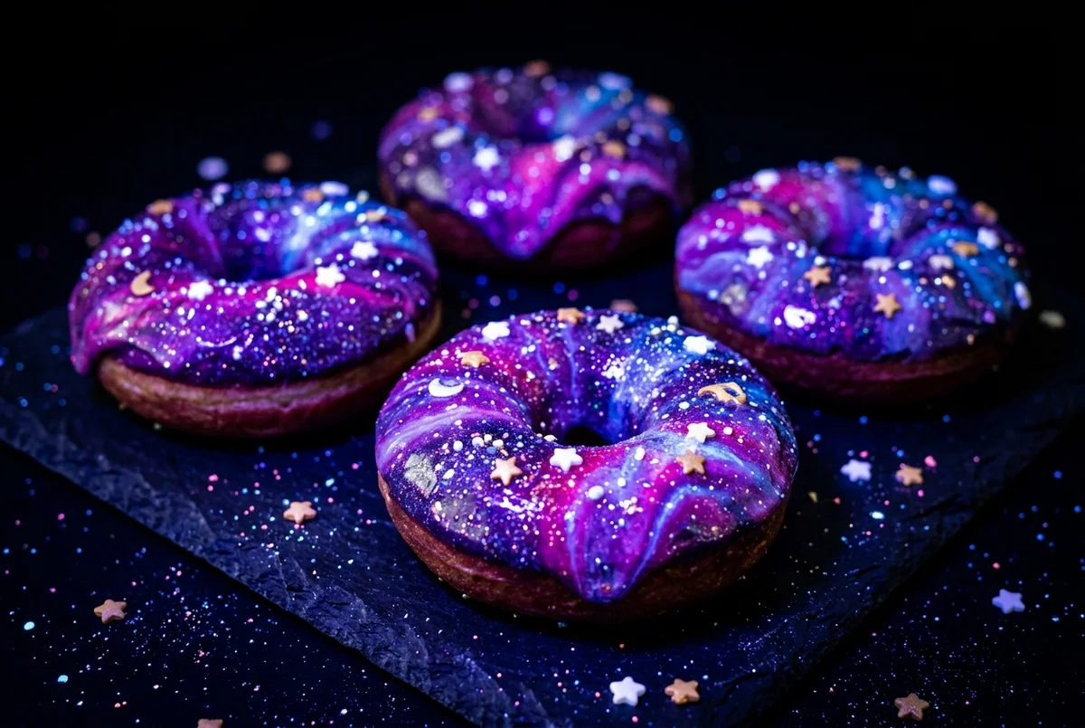 Galaxy-glazed UV donuts with star and moon sprinkles on dark slate
