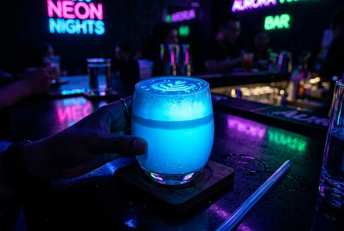 Luminous electric blue matcha latte with foam art glowing cyan