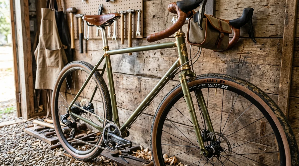 Olivgrünes Gravelbike mit Lederausstattung an einer Holzwand in der Werkstatt