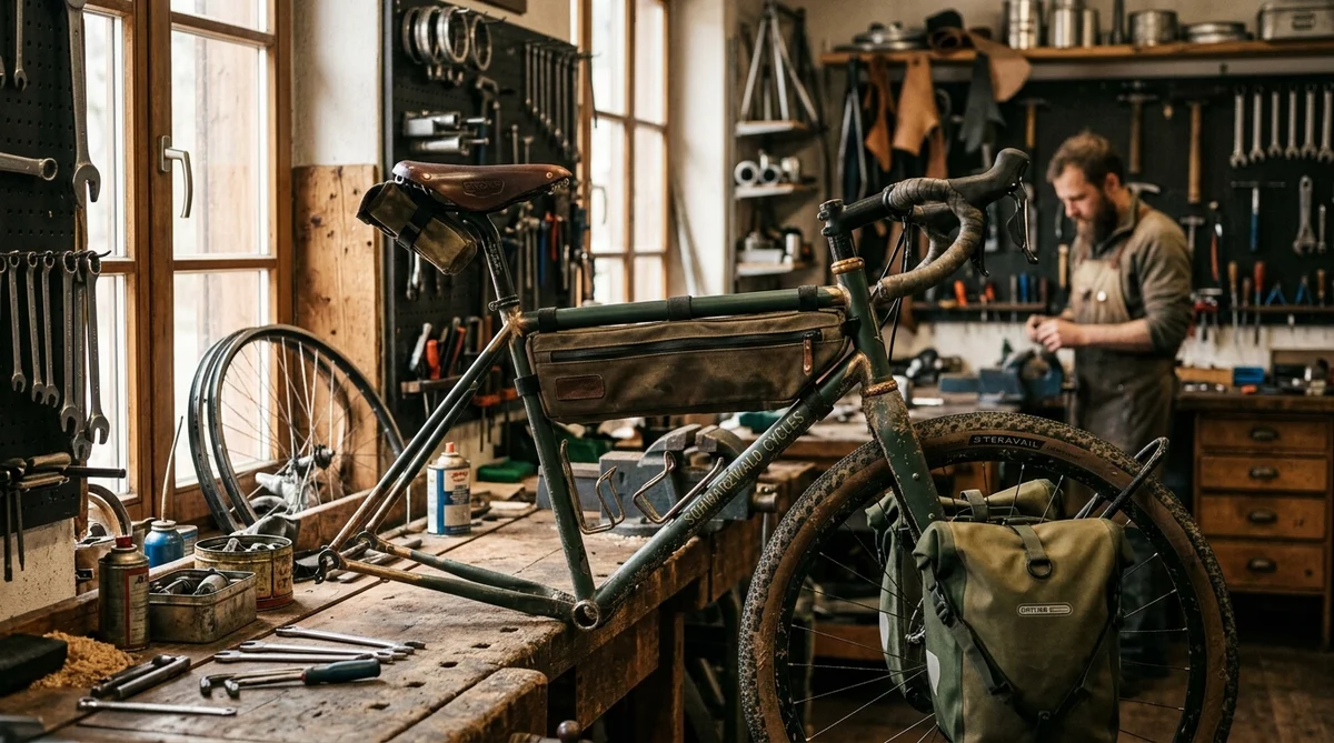 Handgebautes grünes Tourenrad mit Canvas-Taschen in einer warm beleuchteten Fahrradwerkstatt