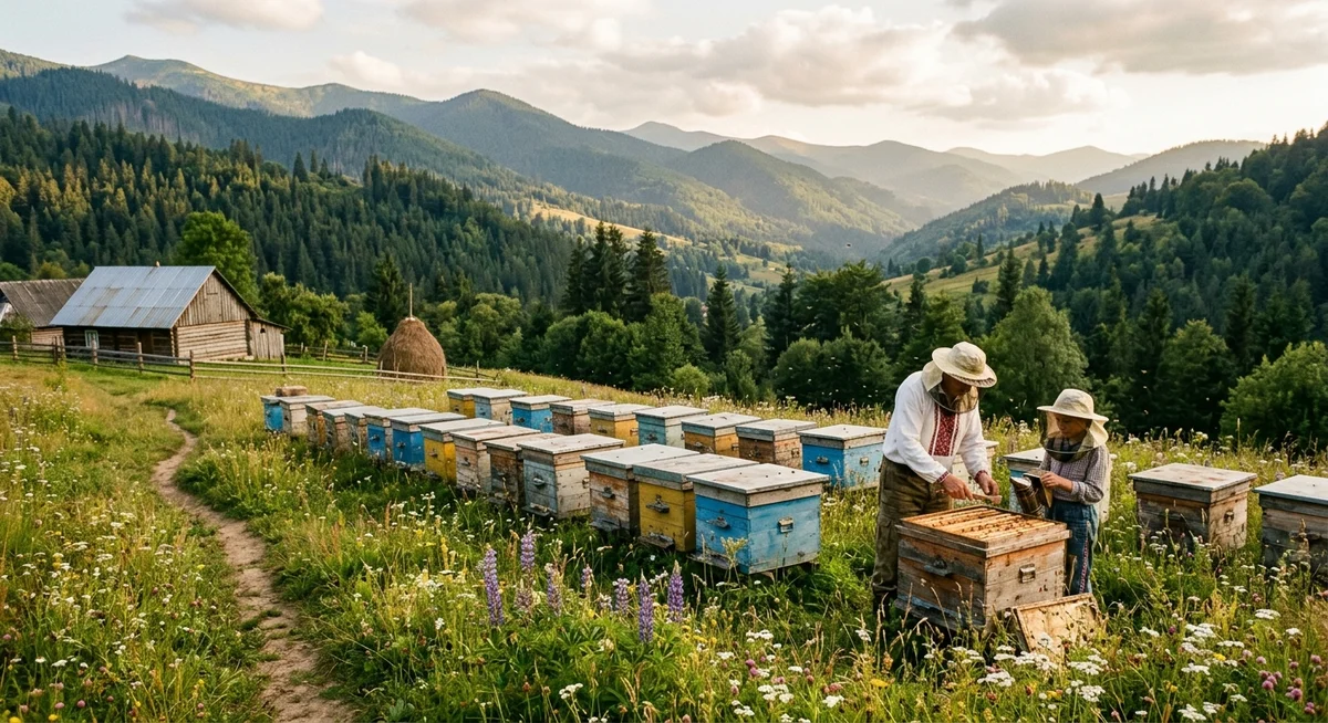 Two beekeepers tending colourful wooden hives in a blooming Carpathian alpine meadow with forested mountains behind