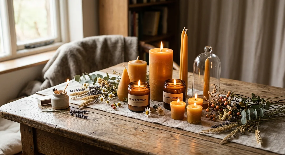 A collection of hand-poured amber beeswax candles glowing on a rustic table with dried botanicals