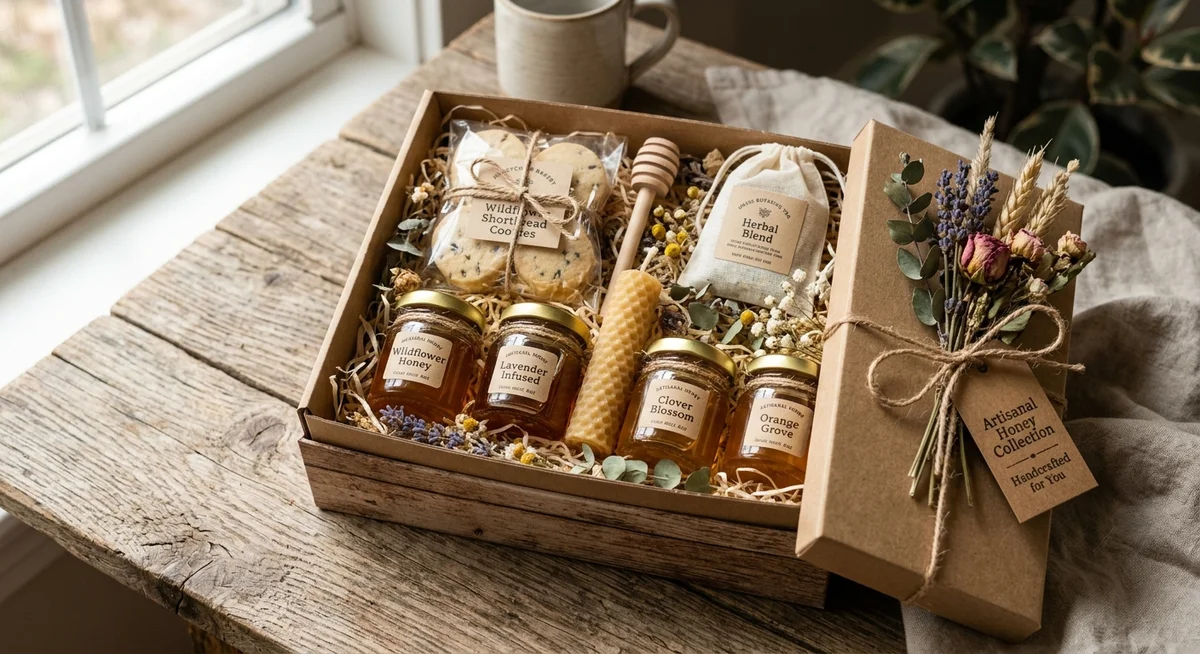 An open kraft gift box of honey jars, a beeswax sheet, shortbread and a herbal sachet on a wooden table