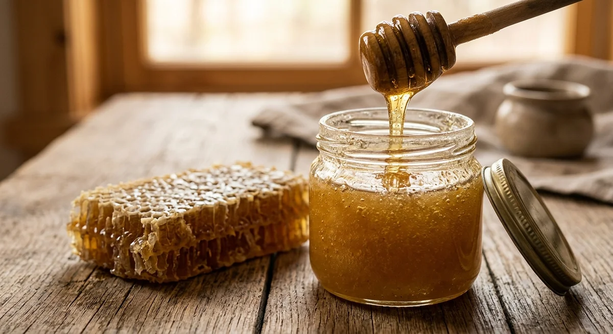 A jar of thick golden raw honey beside a slab of natural honeycomb, with a dipper drizzling honey
