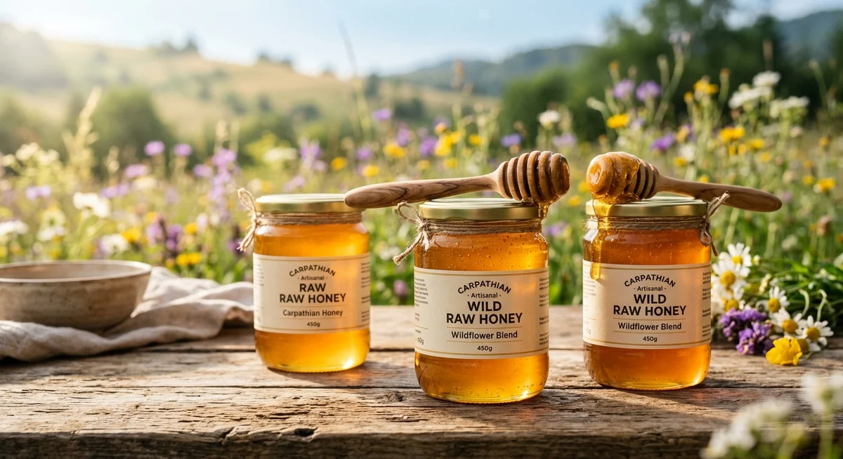 Three glass jars of golden Carpathian raw honey with wooden dippers on a rustic table in a wildflower meadow