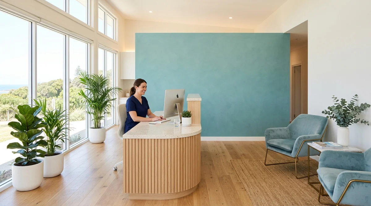 Bright, airy reception area at Vela Dental Studio with a smiling receptionist, oak-slatted desk and sea-glass teal feature wall
