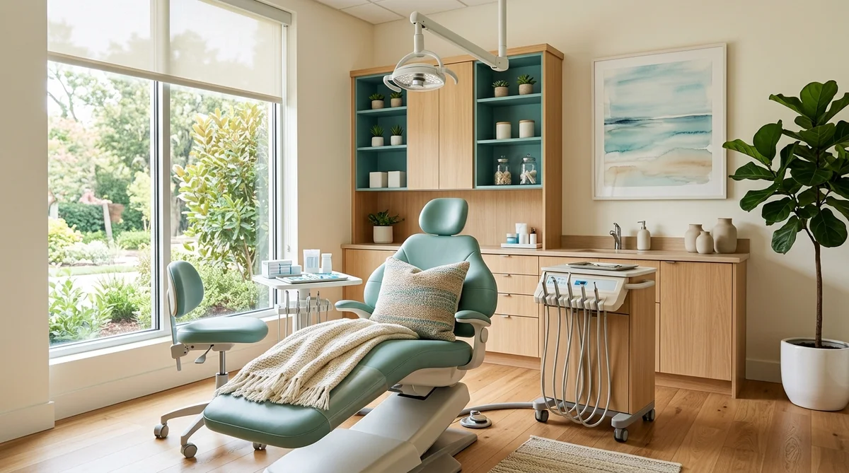 Calm coastal-styled dental treatment room with a seafoam-teal chair, warm oak floors and natural daylight