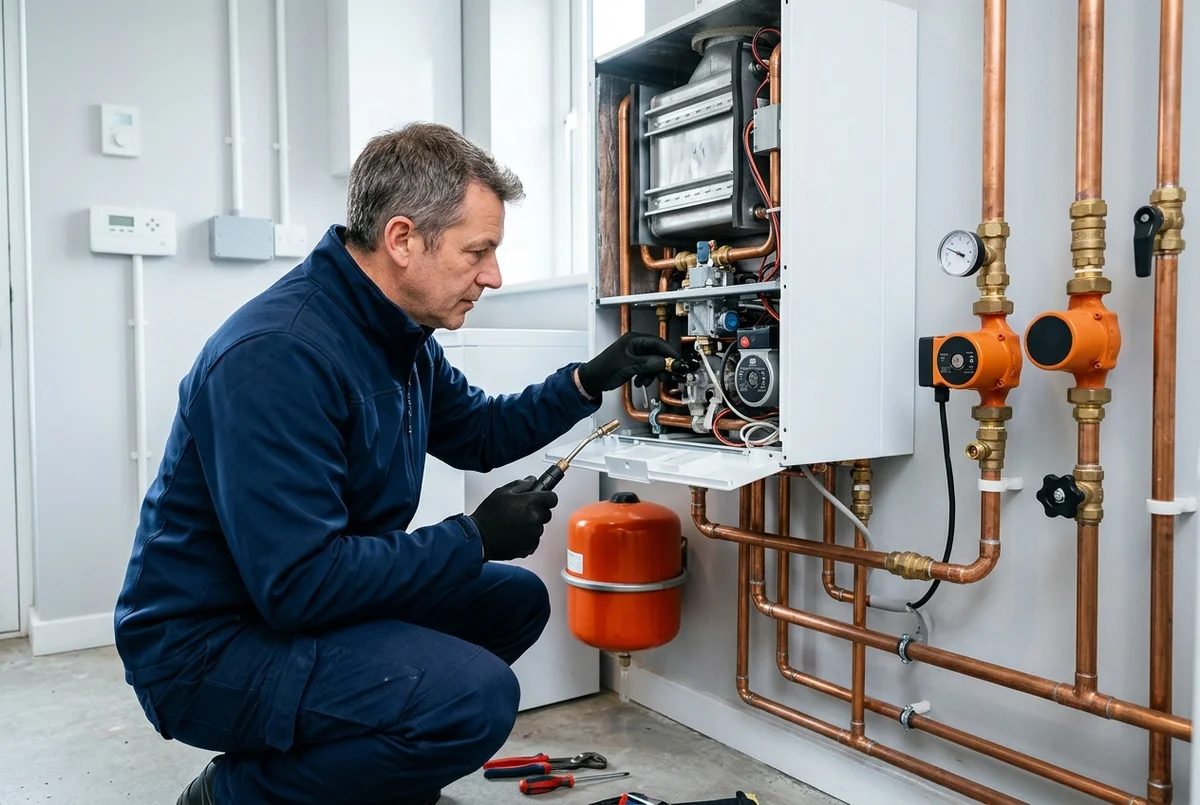 Plumber installing a modern gas boiler with copper pipework