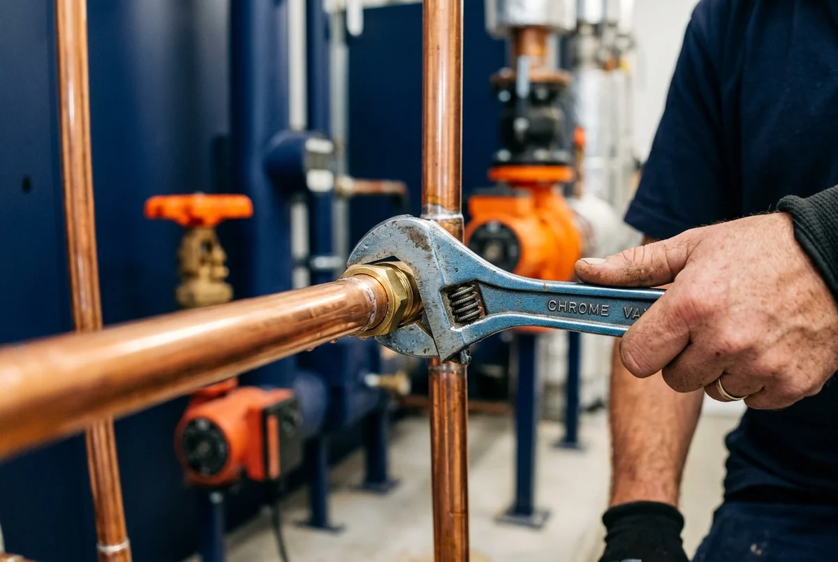 Close-up of a wrench tightening a brass fitting on copper pipework