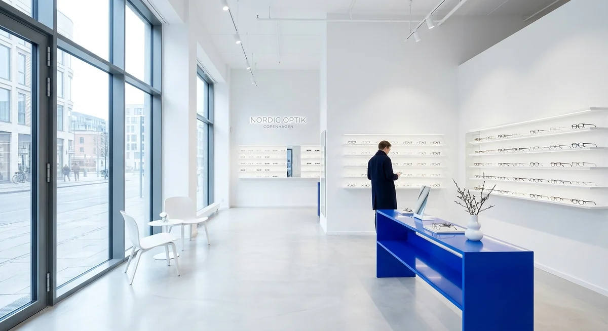 Bright Scandinavian eyewear showroom with white shelving and a cobalt-blue counter