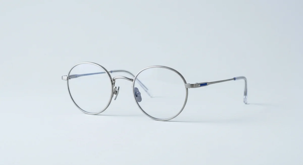 Round thin-framed brushed silver metal eyeglasses with a small blue accent at the temple hinge