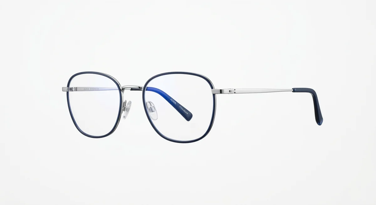 Navy-rimmed titanium optical frames with polished silver temples on a clean white studio background