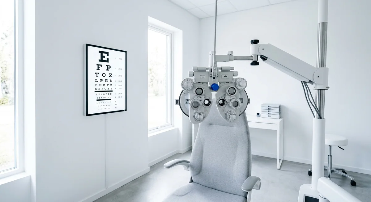 Clean optometry examination room with a grey patient chair and a phoropter with a blue lens