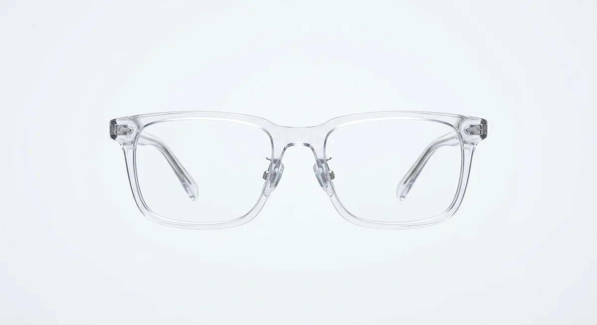 Full-rim square eyeglasses in completely transparent crystal-clear acetate, front view on a light background