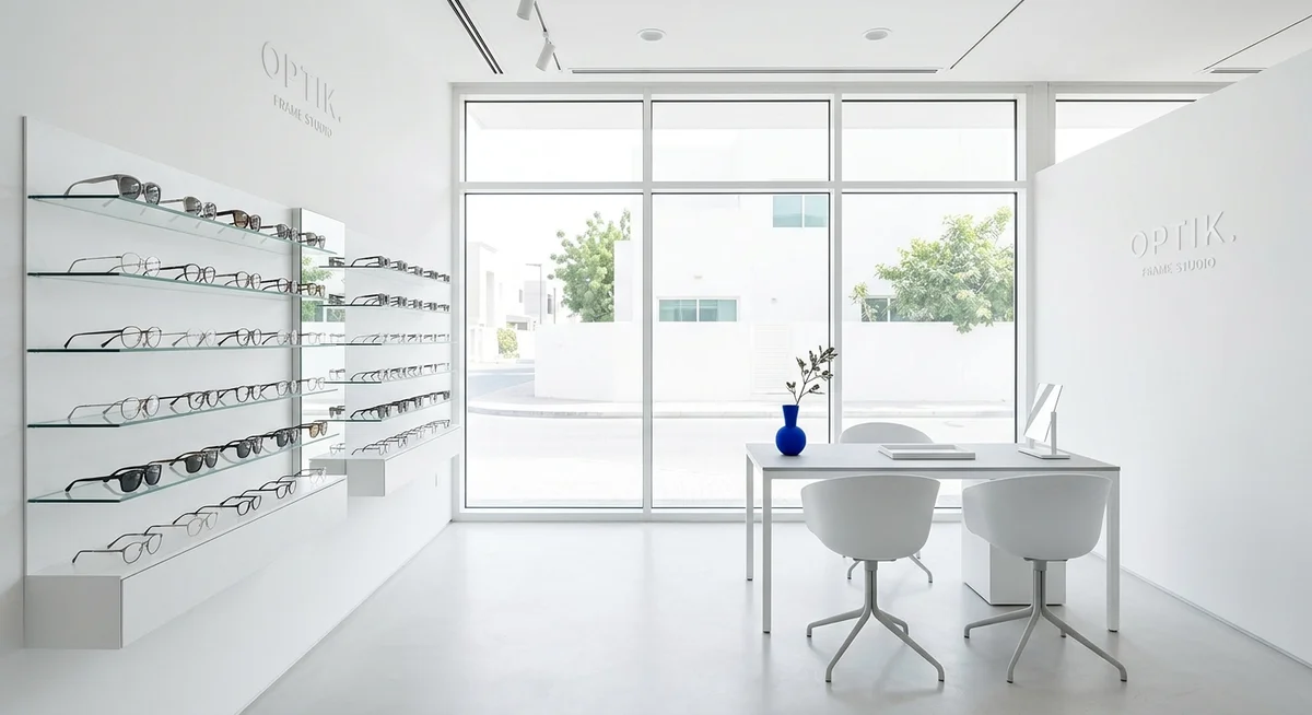 Bright minimalist Lumio studio interior with a glass eyewear display wall and white consultation table