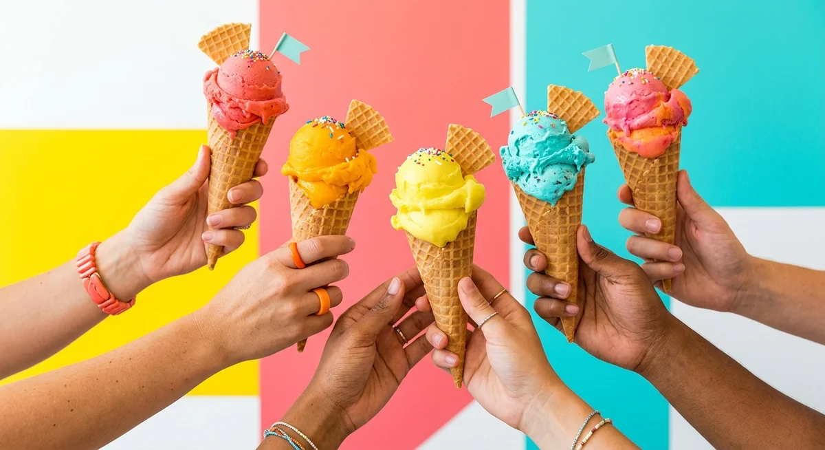 Five hands holding waffle cones topped with brightly coloured gelato — pink, orange, yellow and teal — against bold colour-blocked backdrop