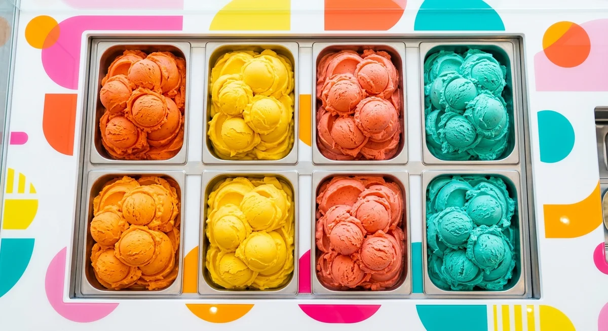 Top-down view of trays of vivid orange, yellow, coral and teal gelato on a playful patterned white surface