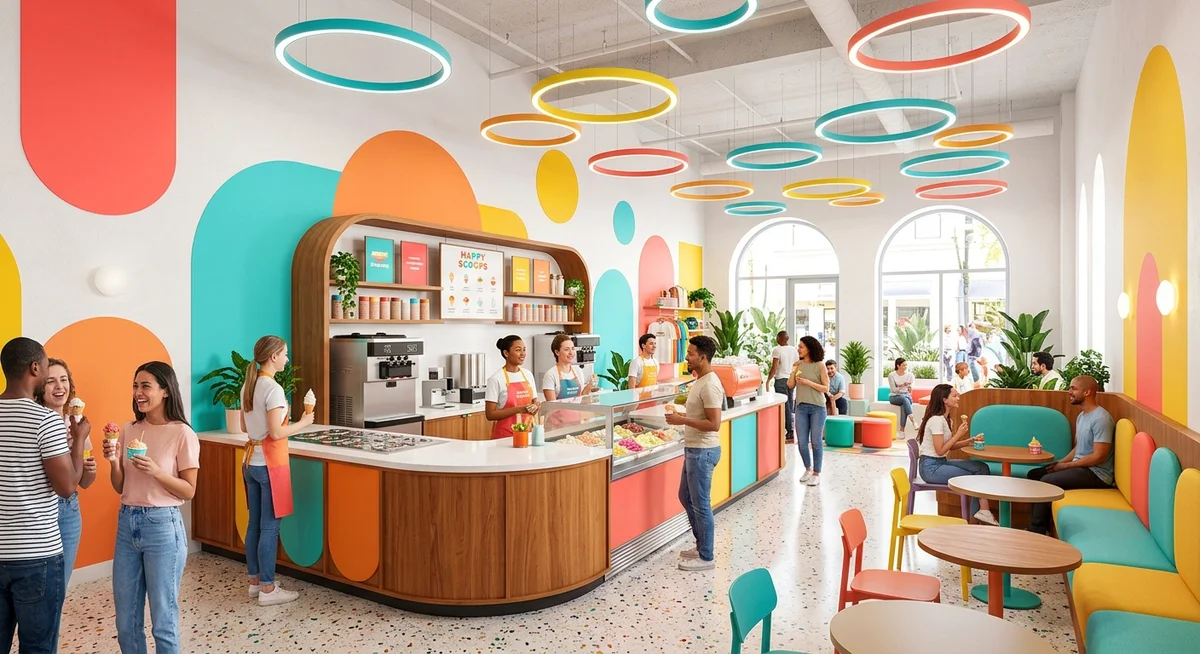 Bright, airy gelato shop interior with colourful arch murals, ring pendant lights and happy customers seated on coral and yellow chairs