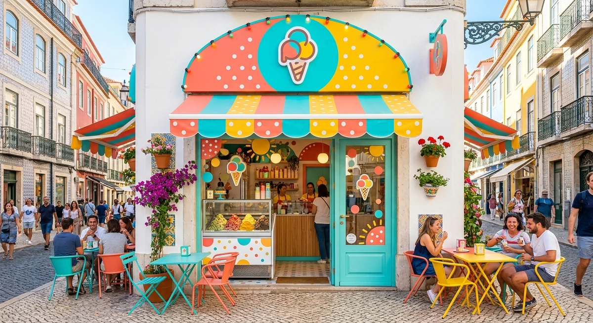 Polka Gelato storefront with teal door and striped polka-dot awning on a sunny Lisbon cobblestone street, with colourful bistro tables out front