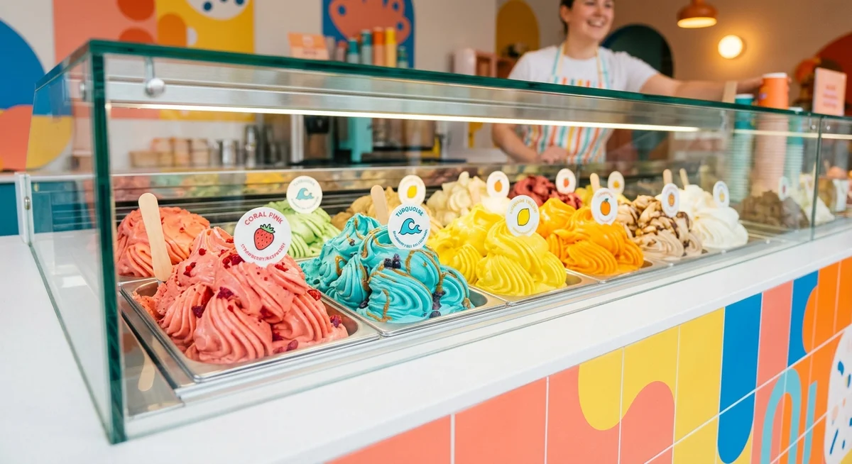 Glass-fronted gelato display case filled with rainbow rows of brightly coloured gelato, each labelled with a little flavour sign