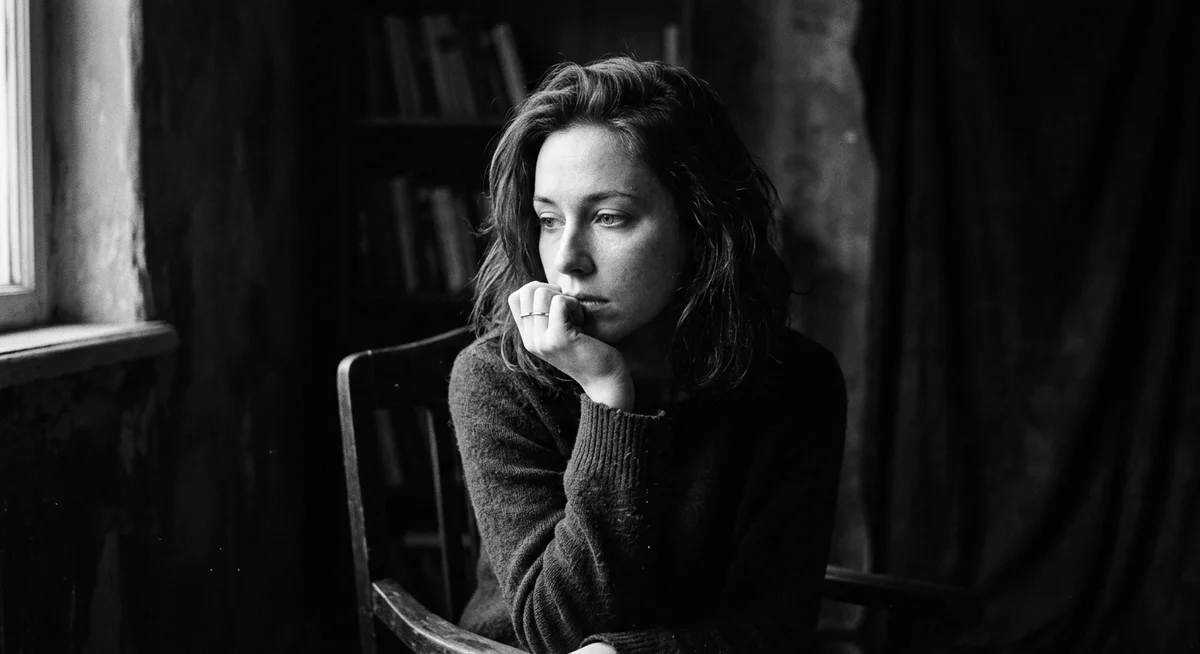 Contemplative film-noir portrait of a woman in a knit sweater seated by a window in a rustic interior