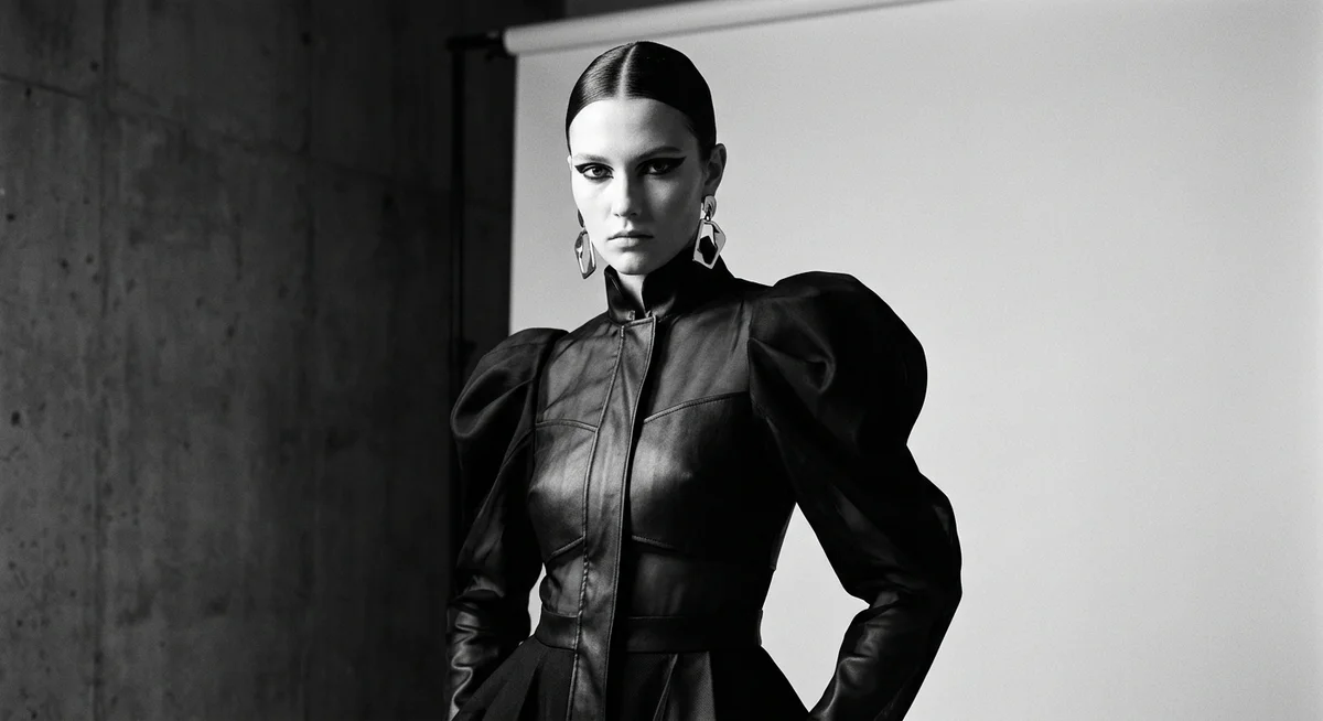 Model in a sculptural black leather dress with puffed shoulders posed against a concrete studio wall