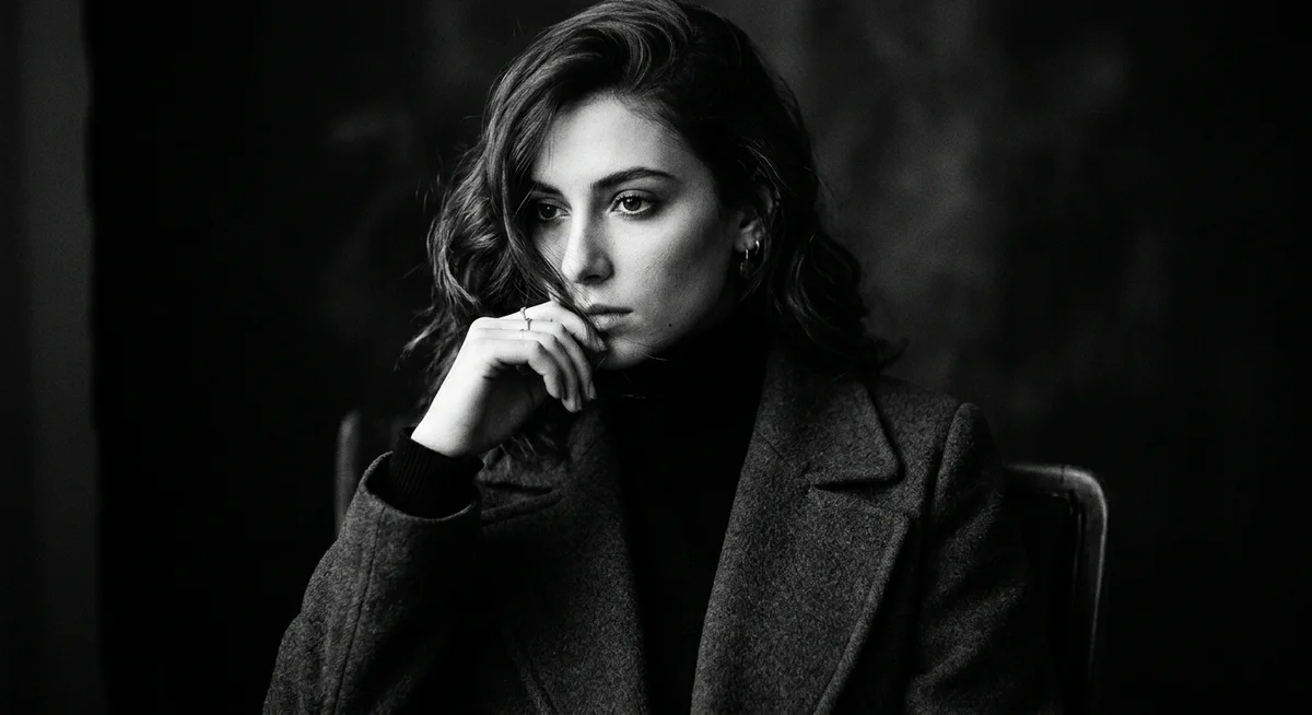 Contemplative black-and-white studio portrait of a woman in a structured wool overcoat