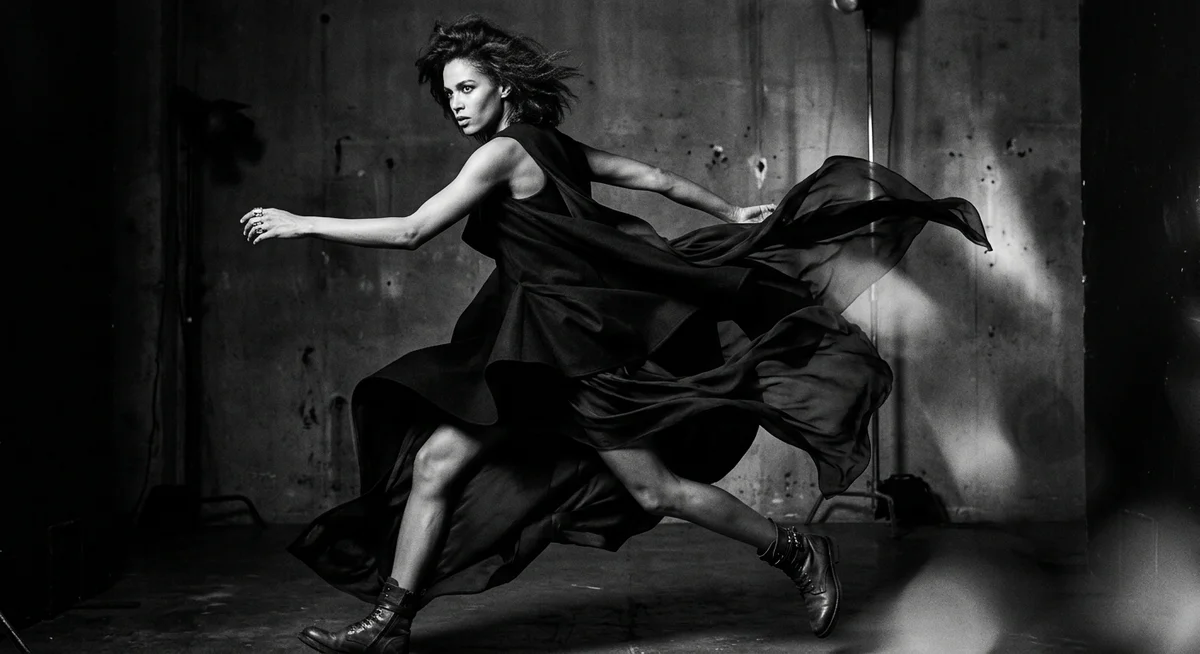 Model captured mid-stride in a voluminous black dress with billowing fabric in an industrial space