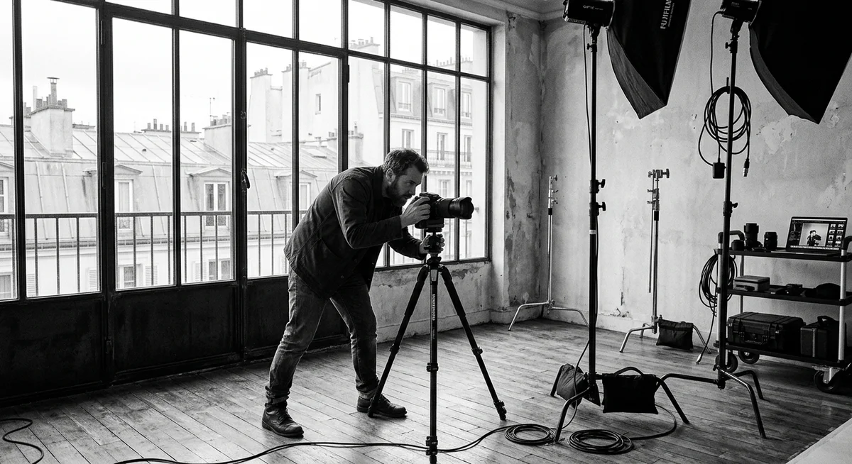 Photographer at work behind a tripod-mounted camera in a light-filled Parisian studio with Haussmann rooftops through the window