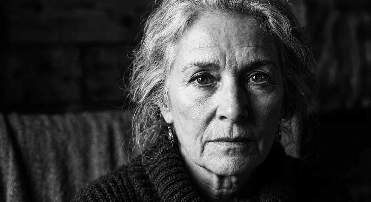 Intimate chiaroscuro close-up portrait of an older woman with swept-back grey hair and a dignified expression